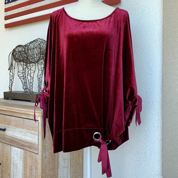 ELVI Burgundy Red Wine Velvet Ribbon Grommet Fall Winter Christmas Top S… - Picture 1 of 7